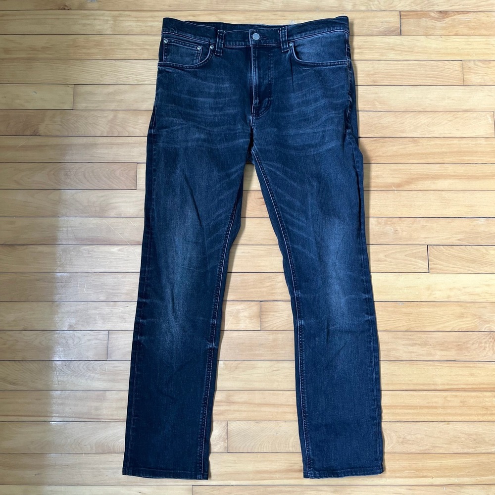 Nudie Jeans Co Mens 34x32 Faded Black Lean Dean Jeans Whiskered Dark Wash